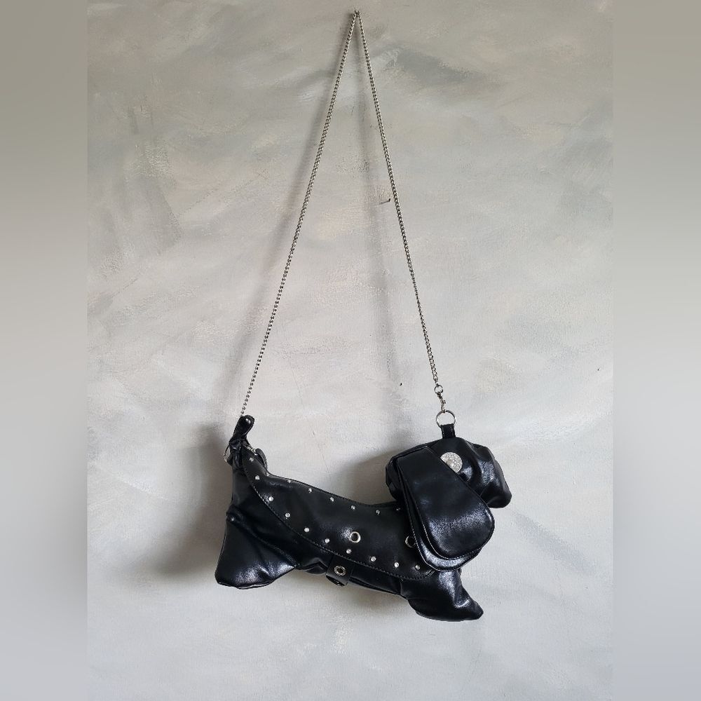 Vegan Leather Black Studded Rivets Dog Floppy Ear Crossbody  13.5 x 6.5